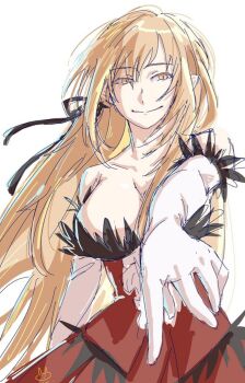 1girl artist_logo bare_shoulders blonde_hair breasts cleavage collarbone commentary_request dress elbow_gloves feather-trimmed_dress feather-trimmed_gloves feather_trim gloves hair_ribbon ilya_248 kiss-shot_acerola-orion_heart-under-blade kizumonogatari large_breasts logo long_hair looking_at_viewer monogatari_(series) oshino_shinobu pointy_ears red_dress ribbon simple_background smile solo strapless strapless_dress vampire very_long_hair white_background white_gloves wrist_ribbon yellow_eyes