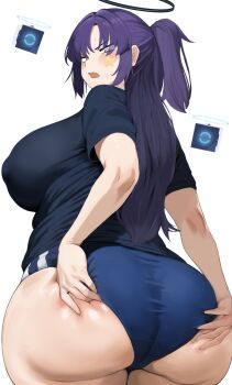 1girl absurdres ass blue_archive blue_buruma blue_short blue_shorts blush breasts buruma cameltoe drone embarrassed from_behind gym_shirt gym_shorts halo hands_on_own_ass highres huge_ass large_breasts long_hair looking_back nohohon_pictures open_mouth ponytail purple_hair shirt short_shorts shorts skindentation solo standing star_(symbol) star_sticker sticker sticker_on_face sweat t-shirt white_background white_eyes wide_hips yuuka_(blue_archive) yuuka_(track)_(blue_archive)