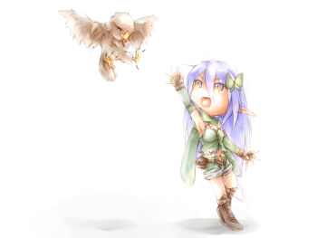 Rule 34 | 1girl, :d, arm up, belt, belt pouch, bird, boots, bow, brown belt, brown boots, brown gloves, chibi, chibi only, commentary request, fingerless gloves, full body, gloves, green bow, green scarf, green shorts, green tube top, hair bow, hawk, long hair, lunaraven, navel, open fly, open mouth, pointy ears, pouch, purple hair, ragnarok online, ranger (ragnarok online), scarf, shorts, simple background, smile, solo, strapless, tube top, white background