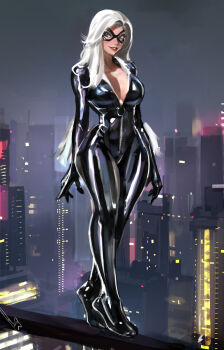 1girl black_bodysuit black_cat_(marvel) blue_eyes bodysuit breasts city cleavage commentary domino_mask english_commentary eye_mask felicia_hardy fur_trim gloves highres large_breasts long_hair looking_at_viewer marvel mask orion-m smile solo spider-man_(series) superhero_costume white_hair