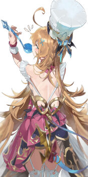 1girl absurdres ahoge aqua_eyes back backboob berserker_r blonde_hair breasts chef chef_hat commentary_request cowlick escoffier_(genshin_impact) fork_hair_ornament from_behind genshin_impact hair_between_eyes hat highres holding holding_ladle ladle long_hair looking_at_viewer mechanical_tail no_bra simple_background solo soup_ladle tail thighhighs thighs white_background white_hat white_thighhighs