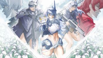 3girls absurdres cloak closed_eyes commentary english_commentary flower goddess_of_victory:_nikke gun head-mounted_display highres kkaijju liliweiss_(nikke) lily_(flower) mechanical_arms midriff multiple_girls navel official_alternate_design pilgrim_symbol_(nikke) red_hair red_hood_(nikke) rifle single_mechanical_arm smile snow_white_(heavy_arms)_(nikke) snow_white_(innocent_days)_(nikke) snow_white_(nikke) weapon white_cloak white_flower white_lily yellow_eyes