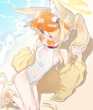 1girl absurdres animal_ears beach blonde_hair blue_archive breasts cardigan expressionless fox_ears frogsnake halo highres long_hair official_alternate_costume one-piece_swimsuit open_cardigan open_clothes orange-tinted_eyewear outdoors pink_eyes sand sandals seia_(blue_archive) seia_(swimsuit)_(blue_archive) side_ponytail small_breasts solo sunglasses swimsuit tinted_eyewear visor_cap water white_one-piece_swimsuit yellow_cardigan