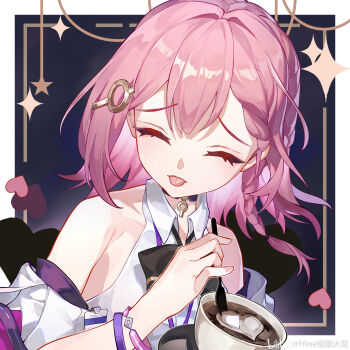 1girl absurdres asta_(honkai:_star_rail) black_bow bow bracelet braid braided_bangs breasts chinese_commentary closed_eyes coffee coffee_mug collar collared_shirt commentary_request cup detached_sleeves fingernails frown hair_ornament hairclip hanayabaka heart highres holding holding_spoon honkai:_star_rail honkai_(series) jewelry medium_breasts mug pink_hair portrait shirt side_braid sleeveless sleeveless_shirt solo spoon star_(symbol) tongue tongue_out