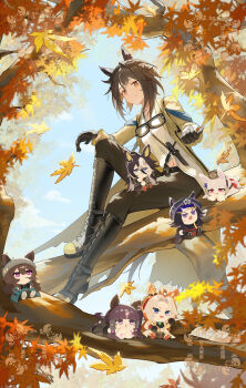 6+girls :p absurdres anger_vein animal_ears autumn_leaves beanie black_hair blue_eyes blunt_bangs boots bow branch brown_eyes brown_hair cai_ji_(user_jmrv4342) closed_mouth coat commentary_request crossed_arms day dream_journey_(reminder_of_dreamland)_(umamusume) dream_journey_(umamusume) ear_bow ear_covers ear_ornament ears_through_headwear eyebrows_hidden_by_hair fenomeno_(black_flames_of_the_righteous_spirit)_(umamusume) fenomeno_(umamusume) floating_hair full_body glasses goggles goggles_around_neck gold_ship_(red_strife)_(umamusume) gold_ship_(umamusume) grey_hair hair_between_eyes hat highres horse_ears horse_girl horse_tail horseshoe_hat_ornament horseshoe_ornament in_tree knee_up knife knife_sheath lace-up_boots leaf light_smile long_hair long_sleeves looking_at_another looking_at_viewer lucky_lilac_(umamusume) lying maple_leaf midriff_peek mini_person minigirl multicolored_hair multiple_girls nakayama_festa_(shichuukyuukatsu)_(umamusume) nakayama_festa_(umamusume) navel on_stomach open_clothes open_coat open_mouth orfevre_(control)_(umamusume) orfevre_(umamusume) outdoors pants peaked_cap pillbox_hat pink_eyes purple_eyes revision semi-rimless_eyewear sheath shirt_partially_tucked_in short_hair sitting sitting_in_tree sitting_on_branch sitting_on_leg sitting_on_person size_difference skirt smile stay_gold_(sunlit_outsider)_(umamusume) stay_gold_(umamusume) stay_gold_clan_(umamusume) tail tongue tongue_out tree tube umamusume under-rim_eyewear v-shaped_eyebrows wind