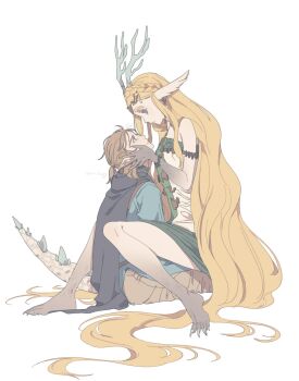 1boy 1girl bare_shoulders black_cape blonde_hair blue_shirt brown_pants cape dragon_girl dragon_horns dragon_tail eye_contact highres horns light_dragon_(zelda) link long_hair looking_at_another nintendo on_lap pants pointy_ears princess_zelda pu_hegg shirt short_hair sitting tail the_legend_of_zelda the_legend_of_zelda:_tears_of_the_kingdom very_long_hair