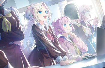 6+girls :d anyoji_hime aqua_eyes black_hair blonde_hair blue_eyes blue_hair blunt_sidelocks brown_dress computer crossed_arms curtained_hair dress dutch_angle fang flower game_cg gradient_hair hair_flower hair_intakes hair_ornament hasu_no_sora_school_uniform highres hinoshita_kaho holding_computer_mouse hood hooded_jacket indoors interlocked_fingers jacket katsuragi_izumi laptop link!_like!_love_live! long_hair long_sleeves love_live! medium_hair momose_ginko multi-tied_hair multicolored_hair multiple_girls murano_sayaka neckerchief non-web_source official_art open_clothes open_jacket open_mouth orange_hair osawa_rurino own_hands_together parted_bangs pink_flower pink_hair pink_jacket pink_nails ponytail rabbit_hair_ornament red_neckerchief sailor_collar sailor_dress school_uniform short_hair sidelocks smile steepled_fingers teeth twintails upper_teeth_only virtual_youtuber white_sailor_collar winter_uniform yellow_neckerchief