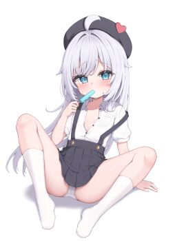 1girl absurdres black_skirt blue_eyes food hat highres loli long_hair nanochie original panties pleated_skirt popsicle shirt short_sleeves simple_background skirt socks solo suspender_skirt suspenders underwear white_background white_panties white_shirt white_socks
