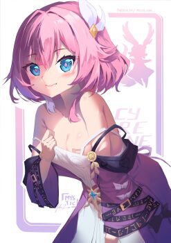 1girl absurdres artist_name bandaid bandaids_on_nipples bare_shoulders blue_eyes blush breasts coat commentary cyrene_(honkai:_star_rail) dress highres honkai:_star_rail honkai_(series) mem_(honkai:_star_rail) multicolored_hair mystic-san no_bra pasties pink_hair purple_coat short_hair small_breasts solo two-tone_hair white_dress white_hair