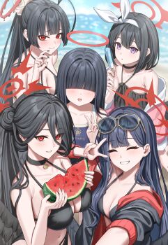 5girls absurdres alternate_costume bare_shoulders bikini black_bikini black_choker black_hair black_jacket blue_archive blue_one-piece_swimsuit blunt_bangs blush breasts choker cleavage closed_eyes closed_mouth eyewear_on_head flat_chest food fruit grin hair_behind_ear hair_bun hair_ornament hair_over_eyes hair_scrunchie hairband halo hasumi_(blue_archive) hasumi_(swimsuit)_(blue_archive) highres holding holding_food holding_fruit holding_popsicle holding_watermelon ichika_(blue_archive) ichika_(swimsuit)_(blue_archive) jacket justice_task_force_(blue_archive) justice_task_force_member_(blue_archive) large_breasts long_hair long_sleeves mashiro_(blue_archive) mashiro_(swimsuit)_(blue_archive) multiple_girls official_alternate_costume official_alternate_hairstyle one-piece_swimsuit open_mouth pink_jacket ponytail popsicle purple_eyes red_eyes red_halo school_swimsuit scrunchie shirt short_hair side_ponytail simoumi_217 sleeveless sleeveless_shirt smile sunglasses swimsuit tsurugi_(blue_archive) tsurugi_(swimsuit)_(blue_archive) v watermelon white_hairband white_scrunchie white_shirt