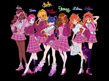 ahoge aisha_(winx_club) alternate_costume ankle_socks aqua_eyes arm_behind_head arms_behind_back asian asymmetrical_hair bad_id bad_twitter_id bag bare_legs black_background black_shoes blazer blonde_hair bloom_(winx_club) blue_bag blue_eyes blue_hair boots bow bowtie brown_eyes brown_hair character_name chocofish closed_mouth clothes_around_waist collared_jacket collared_shirt commentary crest dark-skinned_female dark_bloom_(winx_club) dark_skin english_commentary eyelashes eyeshadow flora_(winx_club) hair_ornament hair_tie hairband hairclip hand_on_own_hip hands_on_own_hips happy heart heart_print height_difference high-waist_skirt high_heels highres jacket jacket_around_waist kneehighs knees lace-up_boots lapels layered_sleeves leg_up legs_apart lipstick long_hair long_sleeves looking_at_another loose_socks makeup medium_skirt messy_hair miniskirt multicolored_hair musa_(winx_club) no_shoes notched_lapels orange_hair partially_unbuttoned pink_boots pink_bow pink_bowtie pink_eyeshadow pink_hair pink_hairband pink_jacket pink_lips pink_shoes pink_skirt pink_socks pink_vest plaid_clothes plaid_skirt pleated_skirt pumps purple_hairband purple_shoes purple_socks purple_thighhighs red_lips school_uniform shirt shoes short_hair sidelocks simple_background skirt smile sneakers socks spiked_hairband spikes standing stella_(winx_club) streaked_hair sweater_vest tan tecna_(winx_club) thighhighs tote_bag twintails two-tone_hair unmoving_pattern very_dark_skin vest wavy_hair white_shirt white_socks white_thighhighs winx_club zettai_ryouiki