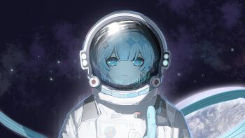 1girl alternate_costume astronaut blue_eyes blue_hair cerydra_(honkai:_star_rail) crown diamond-shaped_pupils diamond_(shape) helmet highres honkai:_star_rail honkai_(series) looking_at_viewer mini_crown outdoors parted_lips planet sidelocks solo space space_helmet sparkle_hair_ornament symbol-shaped_pupils upper_body yiyiyiyi670