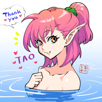 1girl bare_shoulders character_name collarbone commentary english_commentary english_text hair_behind_ear hair_between_eyes hairband hand_on_own_chest heart looking_at_viewer neck okeko partially_submerged ponytail red_hair shining_(series) shining_force_i short_hair signature simple_background slit_pupils smile solo speech_bubble tao_(shining_force) thank_you upper_body water