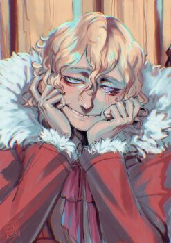 Rule 34 | 1boy, @ @, black sclera, blackberreh-art, blonde hair, blue eyes, colored sclera, commentary, crow's feet, curly hair, design speculation, distortion (tma), english commentary, fur-trimmed jacket, fur trim, grid teeth, grin, heterochromia, highres, jacket, male focus, michael shelley, smile, smile lines, teeth, the magnus archives