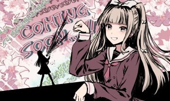 2girls arisugawa_academy_school_uniform bow brown_shirt collared_shirt commentary cup d4dj grey_eyes grey_hair grin hair_bow kasuga_haruna long_hair long_sleeves looking_at_viewer multiple_girls neckerchief paw_pose red_neckerchief sailor_collar school_uniform serafuku shiratori_kurumi_(d4dj) shirt smile solo_focus teacup two_side_up white_bow white_sailor_collar winter_uniform yukitake_(bullfalk)