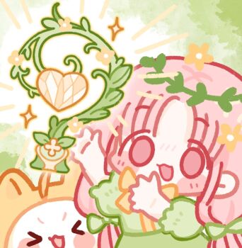 &gt;_&lt; 1girl animal anime_coloring blunt_bangs blush_stickers bow bowtie braid cat chibi chinese_commentary clothed_animal commentary_request cowboy_shot day ear_covers green_bow green_shirt green_skirt hair_bow head_wreath heart highres hood hood_up infinity_nikki long_hair low_twin_braids momo_(nikki) nikki_(nikki) nikki_(series) notice_lines open_mouth outdoors parted_bangs pink_eyes pink_hair puffy_short_sleeves puffy_sleeves shirt short_sleeves skirt sky smile sparkle tareme tree trophy twin_braids v-shaped_eyebrows variant_set very_long_hair white_cat white_sky yanxie_(lofter_926943) yellow_bow yellow_bowtie yellow_hood