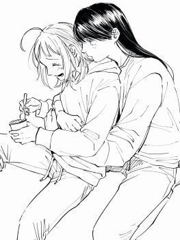 Rule 34 | 2dk g pen mezamashidokei, 2girls, ahoge, fujimura kaede, highres, holding, holding spoon, hood, hoodie, hug, hug from behind, kazuki nanami, monochrome, multiple girls, oosawa yayoi, pants, sitting, smile, spoon