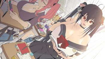 3girls azur_lane black_choker black_scrunchie black_serafuku black_skirt book bow breasts bremerton_(azur_lane) choker classroom cleavage closed_eyes collarbone collared_shirt desk drooling eraser hair_bow hair_ornament hair_ribbon hair_scrunchie jewelry kumano_(azur_lane) large_breasts miniskirt multiple_girls nap necklace notes pleated_skirt plunging_neckline reading red_eyes red_shirt ribbon satou_daiji school_desk school_uniform scrunchie serafuku shirt sitting skirt standing switch taihou_(azur_lane) textbook twintails unfinished white_shirt