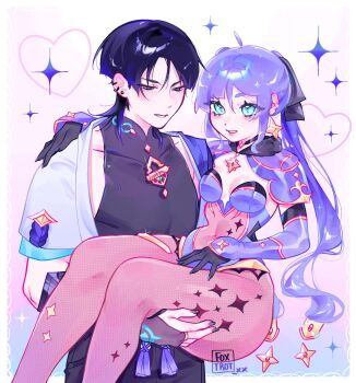 Rule 34 | 1boy, 1girl, ahoge, armor, asymmetrical bangs, black bodysuit, black bow, black choker, black gloves, black hair, blue eyes, blue sleeves, blunt bangs, blunt ends, bodystocking, bodysuit, border, bow, breasts, brown pantyhose, cape, capelet, carrying, choker, choppy bangs, couple, covered collarbone, covered navel, detached sleeves, ear piercing, earrings, elbow gloves, eyelashes, eyeliner, foxtrot (foxtrot xx), fur-trimmed capelet, fur trim, genshin impact, gloves, gold earrings, gold ring, gold trim, grey nails, hair between eyes, hair bow, half-closed eyes, hand on another's shoulder, hand on another's thigh, heart, hetero, highleg, highleg leotard, highres, japanese armor, japanese clothes, jewelry, kimono, kote, kurokote, layered sleeves, leotard, long hair, looking at another, makeup, mandarin collar, middle ring, mona (genshin impact), multicolored hair, open clothes, open kimono, pantyhose, parted lips, piercing, pink background, ponytail holder, princess carry, purple cape, purple capelet, purple hair, purple leotard, purple rope, purple sleeves, red eyeliner, rope, scaramouche (genshin impact), short sleeves, shoulder peek, side cape, sidelocks, small breasts, star (symbol), star choker, star earrings, strapless, strapless leotard, streaked hair, swept bangs, thick thighs, thighs, tsurime, twintails, wanderer (genshin impact), white border, white kimono, white mouth, white sleeves