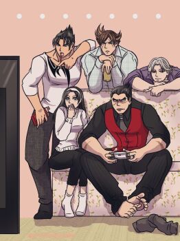 ... 1girl 4boys artist_name black_eyes black_hair blue_eyes brown_hair constricted_pupils controller couple covering_own_mouth eating family father_and_son feet food game_controller highres kazama_jin kazama_jun lars_alexandersson legs mishima_kazuya mother_and_son multiple_boys muscular muscular_male namco pants playing_games pocky pointy_hair red_eyes scar short_hair sitting surprised tekken tekken_1 tekken_2 tekken_3 tekken_4 tekken_5_(dark_resurrection) tekken_7 tekken_8 tekken_blood_vengeance tekken_tag_tournament tekken_tag_tournament_2 thighs white_hair