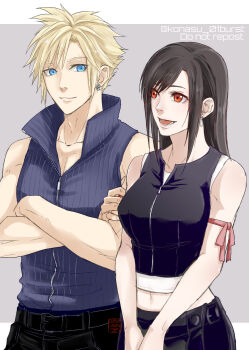 1boy 1girl absurdres arm_ribbon bare_shoulders black_hair black_vest blonde_hair blue_eyes blue_shirt breasts closed_mouth cloud_strife collarbone commentary_request crop_top crossed_arms earrings final_fantasy final_fantasy_vii final_fantasy_vii:_advent_children hair_behind_ear highres jewelry konasu_(01burst) large_breasts long_hair looking_at_another looking_at_viewer midriff_peek navel open_mouth popped_collar red_eyes red_ribbon ribbed_shirt ribbon shirt short_hair sleeveless sleeveless_shirt smile spiked_hair stud_earrings tank_top teardrop_earrings tifa_lockhart twitter_username upper_body vest white_tank_top zipper