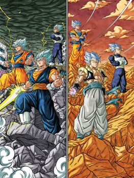 4boys abs absurdres aura black_vest black_wrist_cuffs blue_bodysuit blue_eyes blue_hair blue_pants blue_sash blue_shirt bodysuit boots commentary_request cropped_vest dougi dragon_ball dragon_ball_super dragon_ball_super_broly earrings electricity energy_ball energy_blade evolutionary_line full_body gloves gogeta group_picture halo hands_on_own_hips highres hiro_(udkod1ezlyi2flo) jewelry male_focus medium_hair metamoran_vest multiple_boys muscular muscular_male no_shirt official_alternate_color open_clothes open_vest orange_pants orange_sash orange_shirt pants potara_earrings sash serious shirt single_earring smirk son_goku spiked_hair super_saiyan super_saiyan_blue trait_connection vegeta vegetto vest white_boots white_gloves white_pants wrist_cuffs