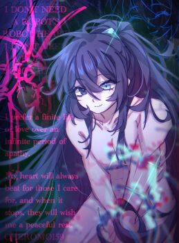 1girl blue_hair cheromo159 completely_nude english_text heterochromia limbus_company nude project_moon ryoshu_(project_moon) smile solo