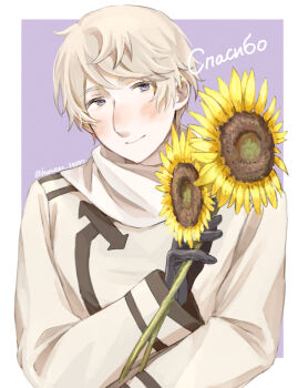 1boy arrow_(symbol) artist_name axis_powers_hetalia between_fingers black_gloves blush border closed_mouth coat commentary_request flower gloves grey_hair hair_between_eyes hand_up harutoro_39487 highres holding holding_flower leaf leather leather_gloves long_sleeves looking_at_viewer male_focus outside_border purple_background purple_eyes russia_(hetalia) russian_text scarf short_hair simple_background smile solo sunflower upper_body white_border white_coat white_scarf yellow_flower