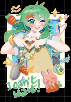 1girl bead_necklace beads carrot carrot_hair_ornament collared_shirt commentary dot_nose english_commentary food-themed_hair_ornament green_eyes green_hair grid_background gumi hair_ornament heart heart_hands highres i_can't_wait_(synthesizer_v) jewelry light_blush medium_hair necklace one_eye_closed open_mouth peedee_(pidi) rabbit shirt sidelocks solo song_name sparkle star_(symbol) star_print synthesizer_v tamagotchi tamagotchi_(virtual_pet) vest virtual_pet_(toy) vocaloid white_shirt yellow_vest