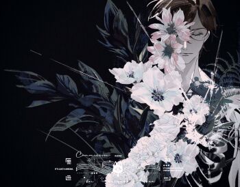 1boy black_background bullet_hole closed_eyes closed_mouth commission crack eyelashes flower flower_request henry_townshend highres male_focus plant sd2190392804 second-party_source short_hair silent_hill_(series) silent_hill_4:_the_room simple_background solo upper_body