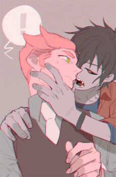 Rule 34 | !, 2boys, adventure time, black hair, black sclera, black vest, blue shirt, closed mouth, collared shirt, colored sclera, colored skin, commentary, crew neck, english commentary, eye contact, genderswap, genderswap (mtf), green eyes, grey background, grey shirt, grey skin, hand on another's face, looking at another, male focus, marshall lee, multiple boys, necktie, open mouth, pink hair, pink skin, prince gumball, sharp teeth, shirt, shishio (shishio5431), short hair, short sideburns, sideburns, simple background, speech bubble, spoken exclamation mark, teeth, upper body, v-neck, vampire, vest, white necktie, wing collar, yaoi