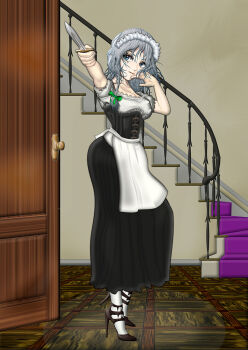 Rule 34 | 1girl, apron, black corset, black skirt, blue eyes, bow, braid, breasts, commentary request, corset, d'orsay heels, door, frills, green bow, grey hair, hair bow, hand on own cheek, hand on own face, high heels, holding, holding knife, izayoi sakuya, kams, knife, long skirt, looking at viewer, maid, maid headdress, medium breasts, outstretched arm, pointing, pointing at viewer, short sleeves, skirt, stairs, stiletto heels, thighhighs, touhou, twin braids, white apron, white thighhighs
