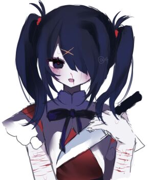 1girl 4_(nn_1_zo) :d ame-chan_(needy_girl_overdose) black_eyes black_hair blood dirty dirty_face hair_ornament hair_over_one_eye heart heart-shaped_pupils highres holding holding_knife implied_self-harm injury knife looking_at_viewer multiple_scars neck_ribbon needy_girl_overdose nosebleed open_mouth red_shirt ribbon scar scar_on_arm shirt short_twintails smile solo symbol-shaped_pupils twintails upper_body white_background winged_sleeves wrist_cutting x_hair_ornament