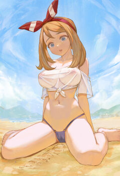 1girl barefoot beach bikini blue_bikini blue_eyes blue_sky breasts brown_hair cloud covered_erect_nipples full_body hairband large_breasts may_(pokemon) mountainous_horizon navel nintendo nipples off-shoulder_shirt off_shoulder outdoors parted_lips pokemon pokemon_oras red_hairband sand see-through_clothes see-through_shirt shirt short_sleeves sitting sky solo swimsuit thighs tied_shirt wariza white_shirt yugen99