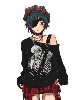 1girl absurdres asymmetrical_sidelocks bare_shoulders black_choker black_shirt blush chain chain_necklace chainsaw_man choker clothes_around_waist collarbone commentary eyepatch facing_viewer green_hair grey_eyes hat highres himeno_(chainsaw_man) jewelry long_sleeves looking_at_viewer multiple_necklaces necklace off-shoulder_shirt off_shoulder one_eye_covered parted_bangs parted_lips plaid_clothes plaid_hat plaid_shirt pluvion shirt shirt_around_waist short_hair sidelocks simple_background single_bare_shoulder single_off_shoulder skeleton skeleton_print solo spiked_choker spikes suspenders white_background