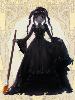 1girl apron bell_sleeves black_apron black_bow black_bowtie black_dress black_eyes black_hair bow bowtie choppy_bangs closed_mouth colored_skin criss-cross_halter dairoku_ryouhei dress drill_hair full_body gown grey_skin halterneck holding holding_paintbrush liquid_clothes liquid_hair long_dress long_hair long_sleeves looking_at_viewer oversized_object paintbrush shizuya_(szy_tw) sidelocks skirt_hold smile solo standing straight-on twin_drills twintails yellow_background