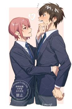 Rule 34 | 2boys, 6tnut9, ace of diamond, artist name, black jacket, blue necktie, blush, border, brown eyes, brown hair, collared shirt, commentary request, cropped legs, embarrassed, grey pants, hand on another's back, hand on another's chin, heart, height difference, jacket, kominato haruichi, looking at another, male focus, multiple boys, necktie, open mouth, outside border, pants, pink background, pink hair, sawamura eijun, school uniform, seidou high school uniform, shirt, short hair, simple background, watermark, watermark grid, white border, white shirt, yaoi