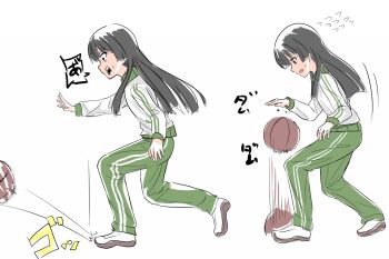 Rule 34 | 1girl, ball, basketball (object), black hair, blunt bangs, commentary request, dribbling (basketball), failure, flying sweatdrops, from side, full body, green pants, gym uniform, jacket, juujou hiyori, long hair, long sleeves, mashitono desu, motion lines, multiple views, open mouth, pants, red eyes, shirt, shoes, simple background, sound effects, speech bubble, sweat, toji no miko, track jacket, translation request, v-shaped eyebrows, white background, white jacket, white shoes