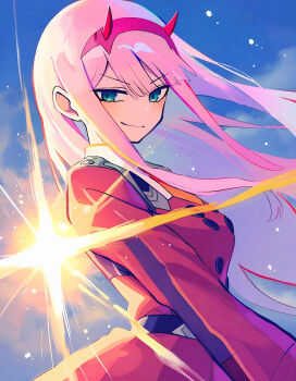 1girl absurdres belt blue_eyes buttons chinese_commentary cloud cloudy_sky commentary_request darling_in_the_franxx dress floating_hair hairband highres horns long_hair looking_at_viewer military_uniform necktie orange_necktie parasite_dress_uniform_(darling_in_the_franxx) partial_commentary pink_hair red_dress red_horns sky small_horns smile sun user_pvjm3454 white_hairband zero_two_(darling_in_the_franxx)