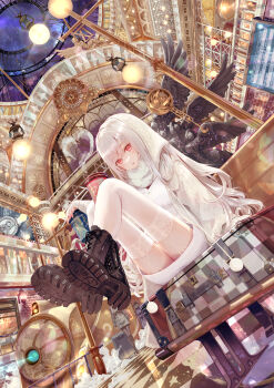 1girl 1other bench between_legs black_boots boots cable_knit clock cup disposable_cup dress dutch_angle garter_straps grey_hoodie highres hood hoodie indoors ito_lab knee_boots knees_up light_bulb long_hair long_sleeves looking_at_viewer monitor original parted_lips red_eyes roman_numeral sitting solo_focus statue suitcase thighhighs train train_station very_long_hair white_dress white_hair white_thighhighs zettai_ryouiki