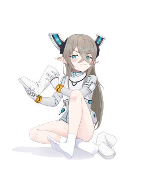 1girl absurdres blue_eyes boots brown_hair feet highres langui_moxia light_blush long_hair original pointy_ears shoes socks soles toes unworn_boots unworn_shoes white_socks