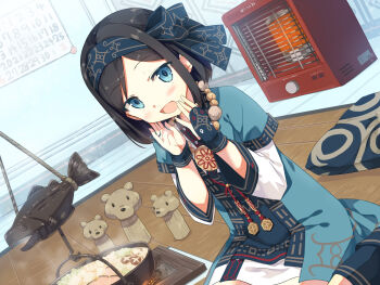 Rule 34 | 1girl, :d, ainu clothes, ayakashi kyoushuutan, bead necklace, beads, black hair, blue eyes, blue legwear, blush, breath, calendar (object), cura, cushion, dutch angle, fish, gloves, hands up, headband, heater, highres, hotpot, indoors, irori (hearth), jewelry, jizaikagi, kerosene heater, layered sleeves, long sleeves, looking at viewer, nabe, necklace, official art, on floor, open mouth, palopolo, parted bangs, pot, seiza, short hair, short over long sleeves, short sleeves, sitting, smile, solo, steam, stew, zabuton