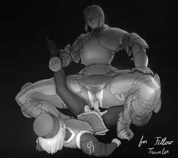 1boy 1girl absurdres armor black_background female_pubic_hair greyscale height_difference hetero highres knight monochrome original penis pubic_hair pussy simple_background squatting_cowgirl_position tall_female wass_nonnam