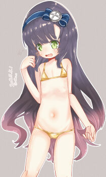1girl bikini commentary_request dated flat_chest gold_bikini green_eyes grey_background hand_up highres kantai_collection loli long_hair matsuwa_(kancolle) mf_u_c micro_bikini navel open_mouth outline purple_hair signature simple_background solo swimsuit very_long_hair wavy_eyes white_outline