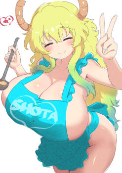apron armpits blonde_hair blue_apron blush breasts cleavage closed_eyes curvy dragon_girl dragon_horns frilled_apron frills gigantic_breasts gradient_hair green_hair horns huge_breasts kobayashi-san_chi_no_maidragon long_hair lucoa_(maidragon) mature_female multicolored_hair naked_apron reiwa_rerere smile v very_long_hair wide_hips