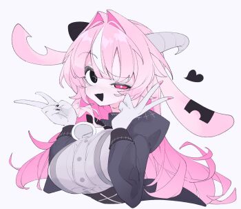 1girl animal_ears bell black_mouth black_nails blush breasts colored_skin commentary double_v femme_soule goat_ears goat_girl goat_horns grey_background heart heterochromia highres horns juliet_sleeves large_breasts long_hair long_sleeves multicolored_hair nail_polish neck_bell notched_ear open_mouth pink_hair pink_nails puffy_sleeves pukey_goddess_shot_trick shihiki simple_background solo streaked_hair upper_body v very_long_hair white_hair