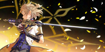 1boy albedo_(genshin_impact) artist_name black_gloves blonde_hair blue_shirt braid brown_gloves cinnabar_spindle_(genshin_impact) closed_eyes closed_mouth coat commentary_request dated elbow_gloves floating_hair genshin_impact gloves gold_trim gradient_background hair_between_eyes half_up_half_down_braid hand_up highres holding holding_sword holding_weapon hood hood_down hooded_coat male_focus medium_hair ojo_aa open_clothes open_coat parted_bangs petals profile shirt short_sleeves signature solo standing sword twitter_username two-tone_gloves watermark weapon white_coat