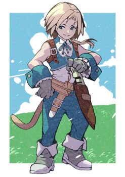 1boy belt blonde_hair blue_eyes blue_pants blue_ribbon blue_vest blue_wrist_cuffs boots brown_belt dagger e-kaki falling_petals final_fantasy final_fantasy_ix full_body gloves grey_boots grey_gloves grin highres holding holding_dagger holding_knife holding_weapon knife long_hair looking_to_the_side low_ponytail male_focus neck_ribbon pants petals ponytail ribbon scabbard sheath shirt smile solo standing tail vest weapon white_shirt wrist_cuffs zidane_tribal