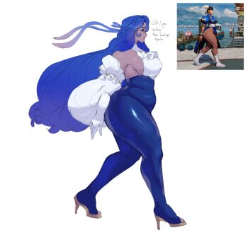 1girl bare_shoulders big_hair blush capcom chun-li curvy detached_sleeves fatal_fury fatal_fury:_city_of_the_wolves from_side full_body halterneck high_heels highres long_hair original plump reference_inset solo ssephyr street_fighter thick_thighs thighs very_long_hair white_sleeves wide_hips