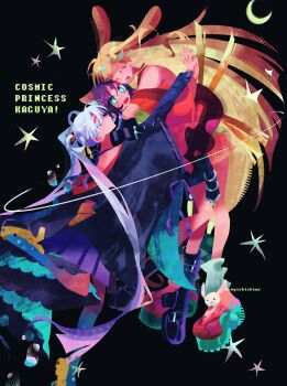 3girls absurdres animal_ears bare_shoulders black_background black_kimono blonde_hair blue_eyes blush chou_kaguya-hime! closed_eyes commentary crescent crescent_hair_ornament crescent_moon double_arm_hug fox_ears girl_sandwich green_eyes hair_ornament hair_rings hair_stick highres holding_hands hood hoodie interlocked_fingers japanese_clothes kaguya_(chou_kaguya-hime!) kimono long_hair looking_at_another looking_at_viewer magicalchicken moon multicolored_hair multiple_girls open_mouth purple_hair rabbit_ears red_kimono runami_yachiyo sakayori_iroha sandwiched smile star_(symbol) symbol-only_commentary teeth title twintails white_hair yuri